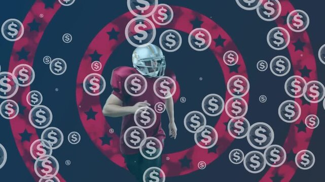 Animation of dollars blinking over american football player and red and navy circles with stars