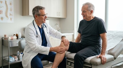 Obraz premium Examining knee, medicine, healthy, doctor, checking, spine, patient, examining, man, photorealistic healthcare scene, clean clinical environment, precise detail, soft balanced lighting, trustworthy