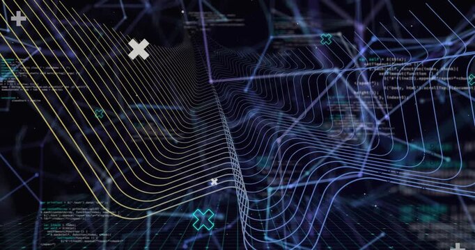 Animation of digital dots interconnecting with lines and programming data with wave patterns