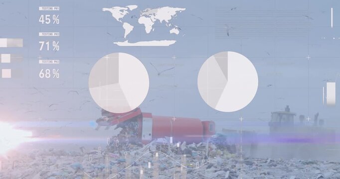 Animation of multiple graphs and data moving over red trunk unloading garbage at landfill
