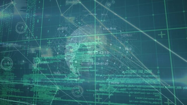 Animation of data processing over globe, connections and green background