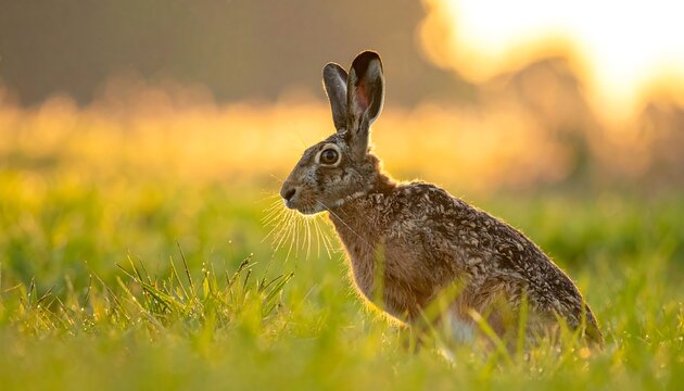 Hare sits alertly in bright, sunny grass. Backlit, soft focus. Long ears