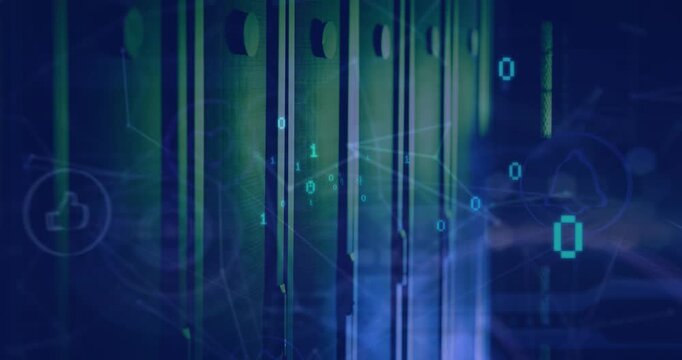 Animation of binary coding and network of digital icons against empty computer server room
