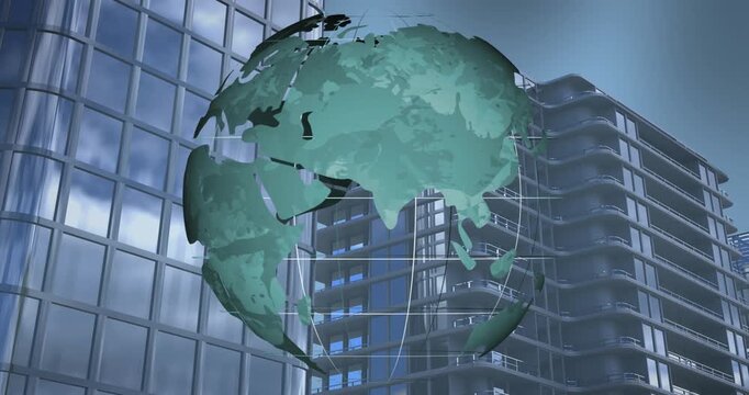 Animation of spinning globe against tall buildings in background