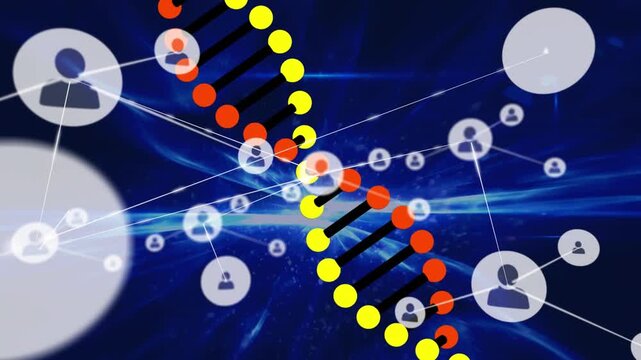 Animation of network of profile icons over spinning dna structure against blue background