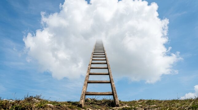A solitary wooden extension ladder extending from the ground upward and disappearing into a dense white cloud formation against a bright sky, the ladder's weathered wooden rungs and stiles receding in