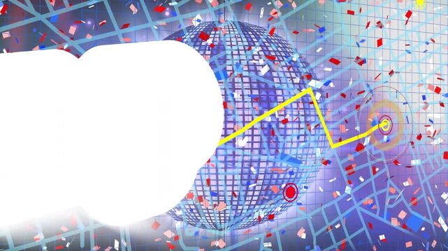 Animation of abstract pattern and falling confetti over disco ball and navigation pattern