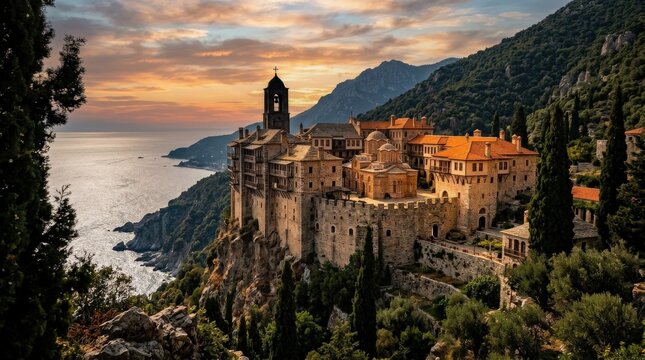 The formidable Byzantine monastery of Mount Athos rising in terraced stone layers above a steep wooded coastline, ancient fortified walls and tiled rooftops glowing amber in soft evening light, the