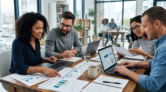 A team collaborating on a digital marketing project with laptops and documents on a desk, hands interacting with data sheets, modern office environment, natural lighting, cinematic composition,