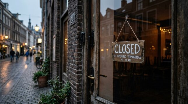 Closed sign hanging on restaurant door glass, soft reflections of street and warm tones, quiet urban storefront atmosphere, shallow depth of field, photorealistic detail, shot on Nikon Z7 II, no