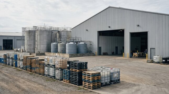 Chemical storage site showcasing outdoor pallets and liquid tanks with hangar structures nearby, high-end industrial and manufacturing photography, precise structural detail, realistic metal, plastic,