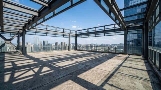 An empty rooftop concrete floor framed by modern steel architecture, clean lines and geometric shadows cast by sunlight, expansive urban sky visible above, minimalistic contemporary atmosphere,