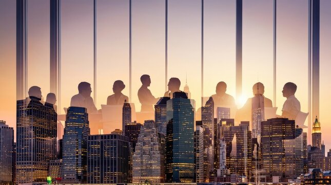 A corporate group meeting blended with a city office skyline in a refined double-exposure composition, executives and staff in discussion, layered glass towers, sunrise glow and subtle silhouettes
