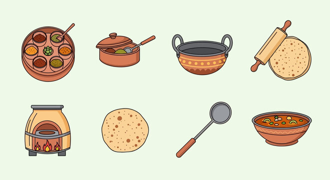 Authentic Indian Cooking Pots and Flatbread Preparation Tools on Light Green Background