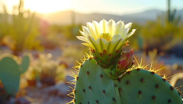 A prickly pear cactus flower blooms in the golden light of a desert sunset