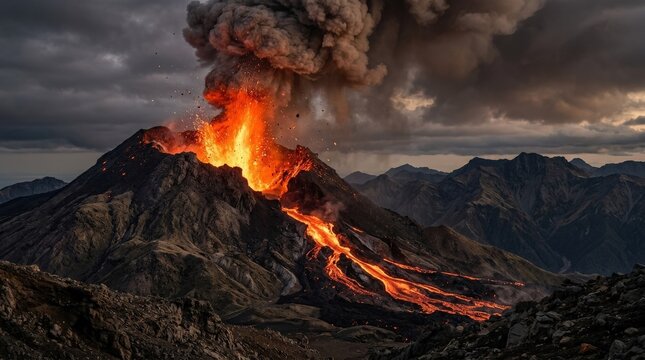 lava erupting violently from volcano crater with ash cloud, breathtaking nature photography, lava, erupting, volcano, crater, nature, geology, lava flow, mountain, realistic organic detail,