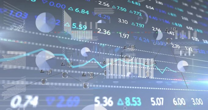 Animation of stock market and statistical data processing against blue background
