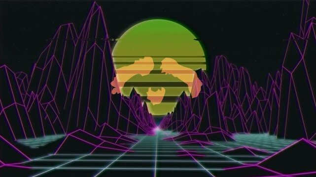Animation of glitch technique and abstract pattern over sun setting between 3d mountains