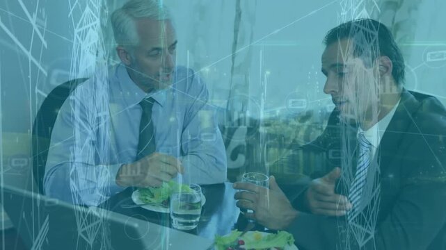 Animation of network of connections over caucasian businessmen in office