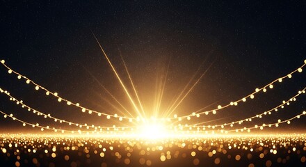 Fototapeta premium Bright golden light bursts from below, strings of lights arch above, dark starry backdrop