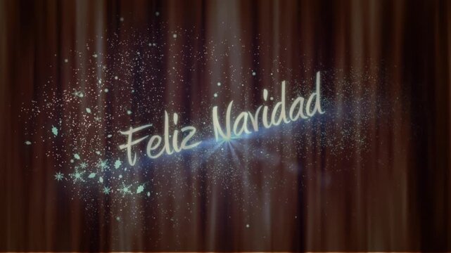 Animation of glowing stars floating over feliz navidad text banner against textured brown background