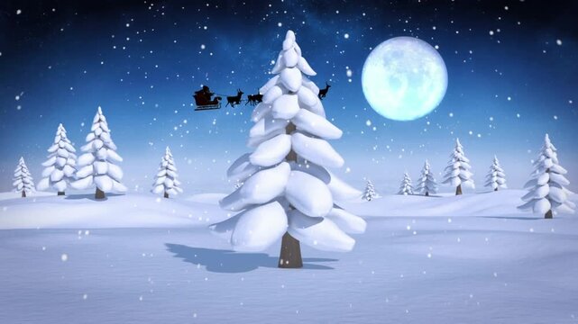 Animation of santa claus in sleigh with reindeer over winter scenery