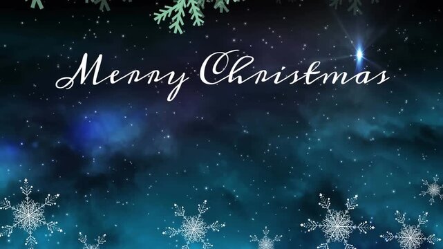 Animation of christmas greetings text over snow falling in winter scenery