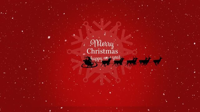 Animation of christmas greetings text and santa claus in sleigh with reindeer on red background
