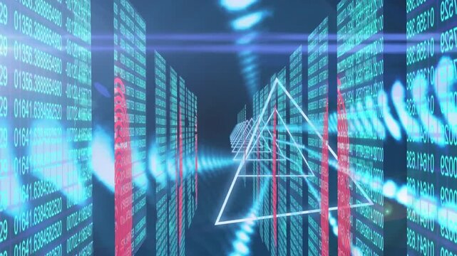 Animation of neon triangle shapes in seamless pattern against binary coding against blue background
