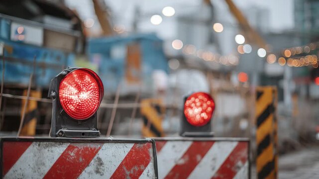 Macro shot of street barriers with flashing red warning lights, reflective hazard stripes in sharp focus, soft ambient light highlighting textures, surrounding construction element