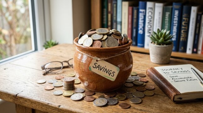 Pot with coins saving concept, enriched with save, savings, coin, jackpot, bank, economy, finance, thoughtful environment details, polished atmosphere, clean commercial photography, realistic surface