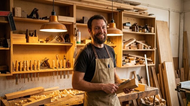 Smiling carpenter standing in workshop surrounded by tools and wooden materials, warm industrial lighting, confident expression and craftsmanship atmosphere, shot on Canon EOS R6, no logos, no