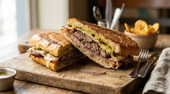 Popular Cuban sandwich stuffed with ham pork and sliced cheese, appetizing editorial food photography, sandwich, cuban, ham, pork meat, cheese, food, meal, lunch, rich texture and realistic detail,