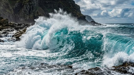 Fototapeta premium Ocean waves crashing, powerful motion captured. Turquoise water, white foam, dynamic energy visible. Beautiful seascape scene., enhanced with realistic material texture, dimensional lighting and