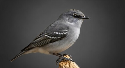 Obraz premium Close up of a small grey bird perched on a branch against a dark background
