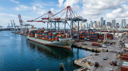 Fototapeta premium Cargo ship at Miami harbor, industrial maritime harbor scene with documentary realism, stacked containers, gantry cranes, and industrial dock infrastructure, deep blue harbor water and precise