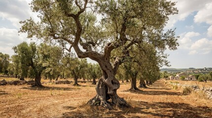 Fototapeta premium Ancient olive plantation in Apulia, Italy, centered on a gnarled old olive tree with a sculptural trunk, silvery-green leaves, dry Mediterranean soil and rows of grove landscape under summer sky,