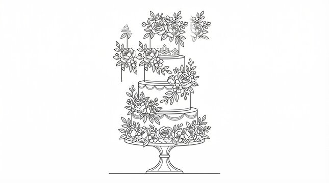 Floral wedding cake line art illustration, tiered celebration cake with flowers coloring page, elegant botanical dessert sketch on cake stand