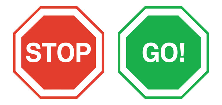 Stop sign and go sign, vector illustration, traffic light symbols, red stop green go icons, road regulation signs, navigation elements, flat design