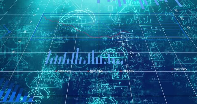 Animation of data processing and shapes over digital lorry on blue background