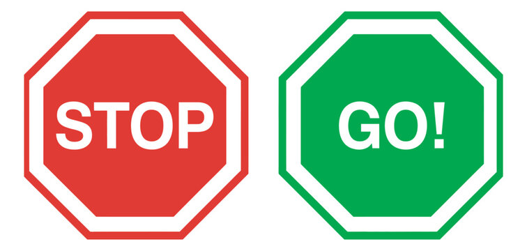 Stop sign and go sign, vector illustration, traffic light symbols, red stop green go icons, road regulation signs, navigation elements, flat design