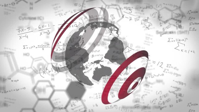 Animation of globe and math formulas over chemical formulas on white background