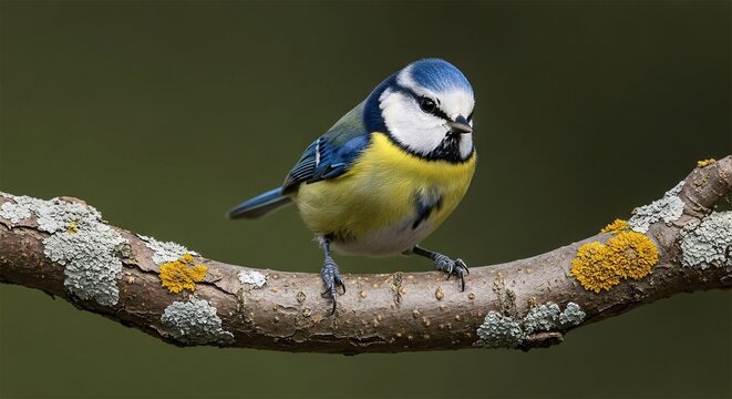 Vibrant blue tit perched on branch against soft green backdrop