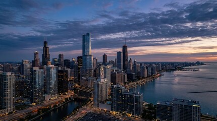 Fototapeta premium Chicago skyline panorama aerial view, expansive urban skyline after dark, Lake Michigan opening beside the downtown core, clean modern towers catching changing sky tones, featuring chicago,