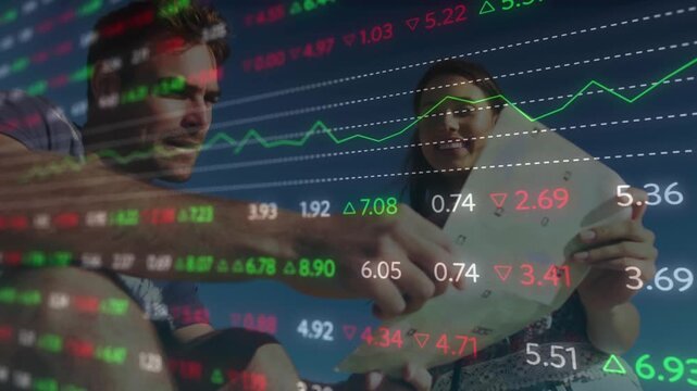 Animation of financial data processing over diverse people reading map