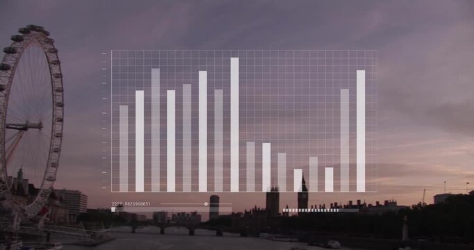 Animation of financial data processing over london cityscape