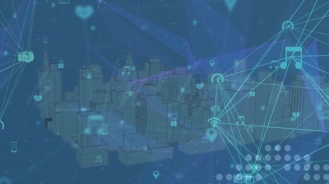 Animation of connected icons forming globes and geometric shapes over 3d model of buildings