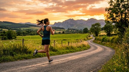 Fototapeta premium Young Asian woman running with athletic grace along a countryside road during a golden summer evening, her fit silhouette moving dynamically against a warm sunset sky, green fields and mountains