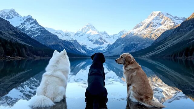 Three dogs on a lake, mountain range background reflected in water