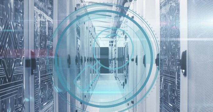 Animation of cyber security text banner and microprocessor connections against server room